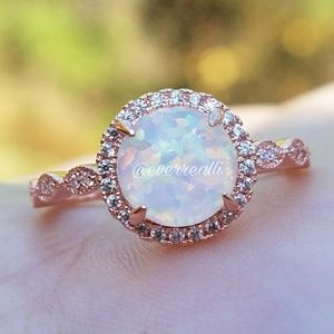 Rose Gold Round Opal Diamond Halo Milgrain Ring